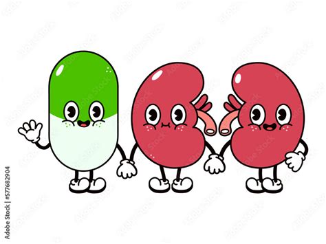 Cute Funny Happy Kidneys And Pill Character Vector Hand Drawn Cartoon