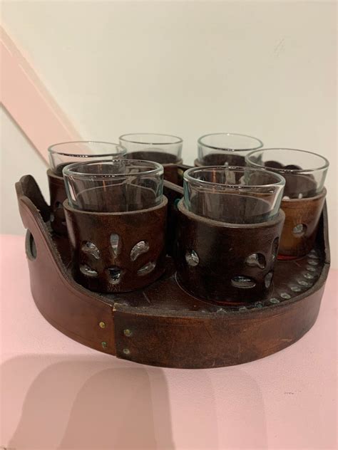 Vintage Italian Tooled Leather Drink Liqueur Set With Tooled Leather