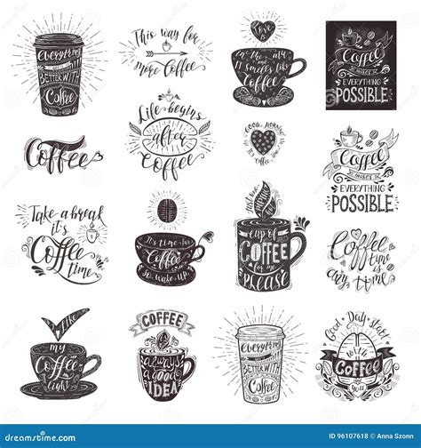 Set Of Coffee Quotes With A Cup Vector Hand Drawn Lettering Stock