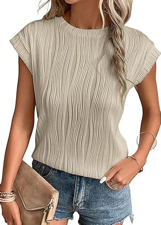 EVALESS Womens Short Sleeve Textured Tops Crewneck Knit Solid Casual T