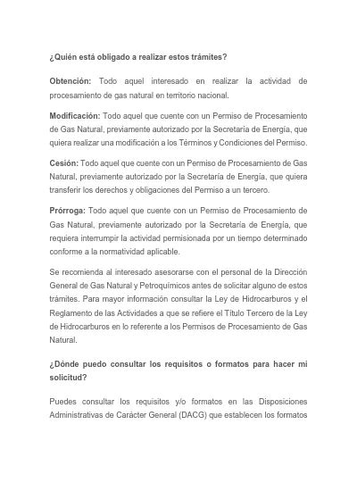 Tramite de Obtención de un permiso de procesamiento de gas natural