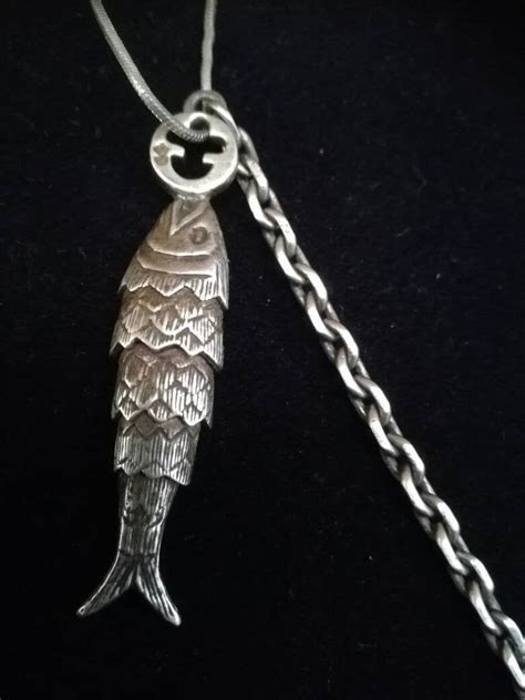 Antique Silver French Articulated Fish Pendant With Fob Watch Chain 2