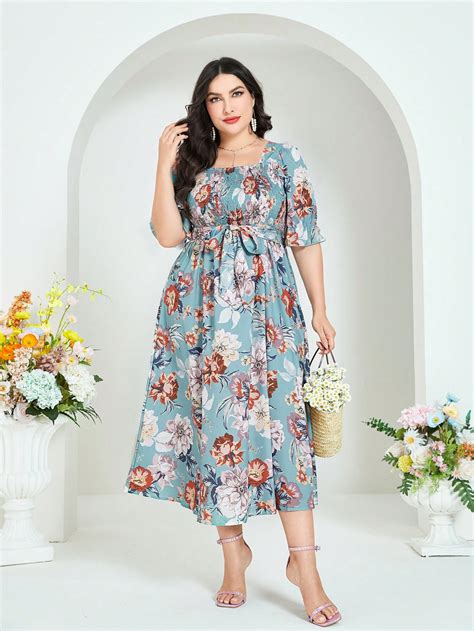 Shein Modely Plus Floral Print Belted Dress Shein Usa