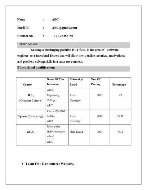 Software Testing Engineer Fresher Resume Templates At