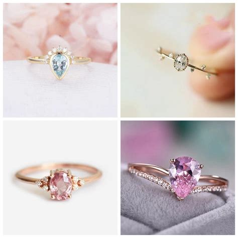 Tisonliz Geometric Water Drop Crystal Rings For Women Dainty Pink