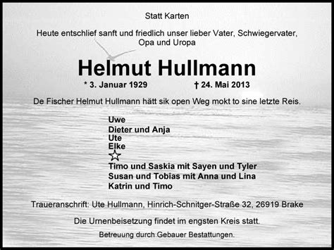 Traueranzeigen Von Helmut Hullmann Nordwest Trauer De