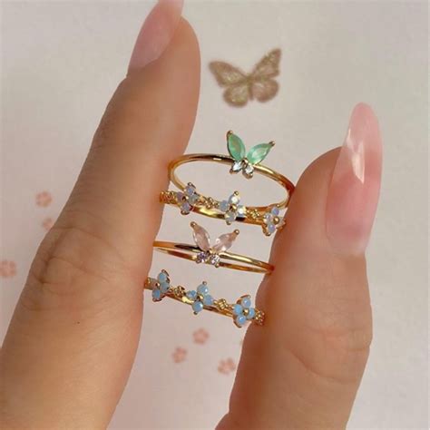 Green White Zircon Butterfly Ring Elegant Gold Band Crystal Rings