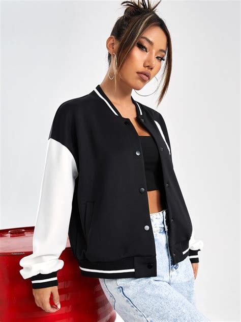 Shein Ezwear Letter Patched Striped Trim Drop Shoulder Varsity Jacket