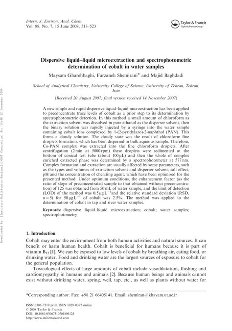 Pdf Dispersive Liquidliquid Microextraction And Spectrophotometric Determination Of Cobalt In