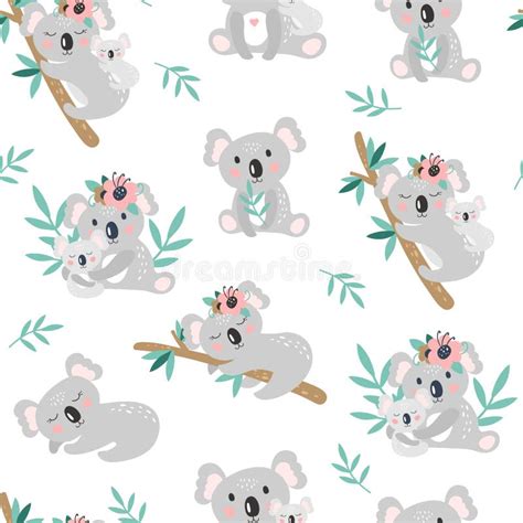 Seamless Pattern With Cute Koala On A White Background Vector Stock