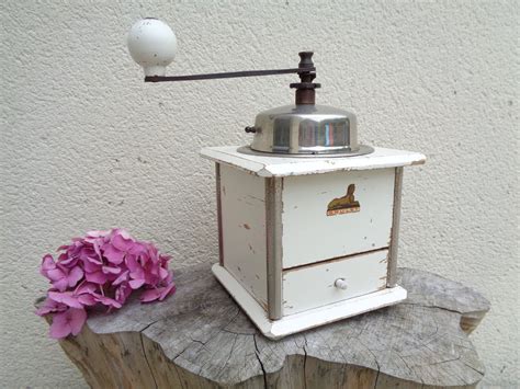 Grulet Coffee Grinder In White Wood And Chrome Metal Vintage French