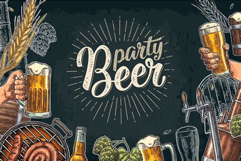 hand drawn illustration of beer and hops on chalkboard background with ...