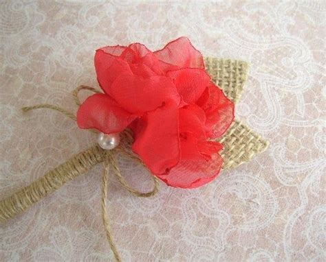 Coral Red Boutonniere Rustic Wedding Groom Groomsmen Floral