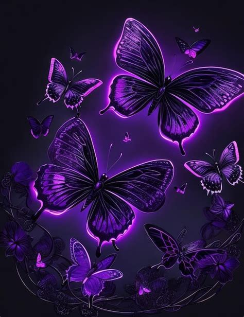 Premium Ai Image Purple Butterflies On A Black Background 3d Rendering Neon Effect