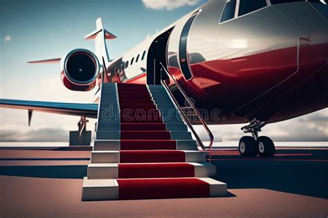 Vip Luxury Red Carpet On Stairs To Private Jet Airplane Generative Ai