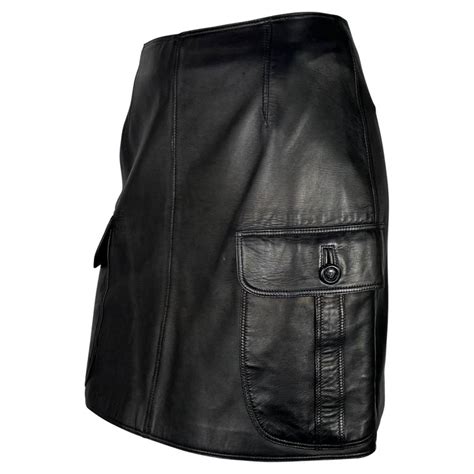 F W 1996 Gianni Versace Runway Black Leather Medusa Pocket Mini Skirt