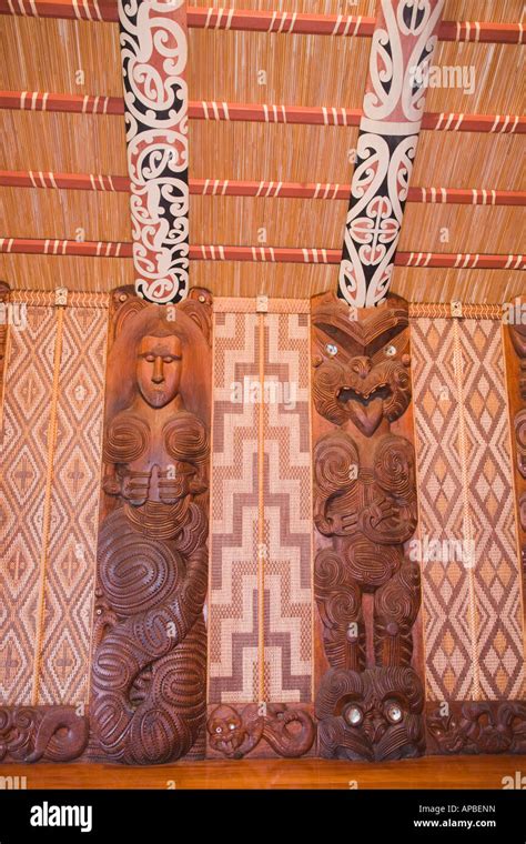 Maori Carved Wood Design Detail Inside Whare Runanga Marai Waitangi