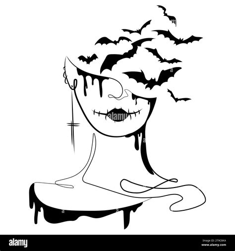 Creepy Surrealistic Woman Face With Bats In Head And Sewn Mouthhalloween Concept Vector