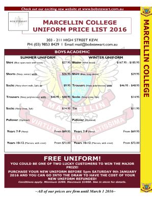 Fillable Online MARCELLIN COLLEGE UNIFORM PRICE LIST 2016 - Bob Stewart Fax Email Print - pdfFiller