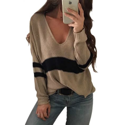 Hzhtmy Women Deep V Neck Sweater 2018 Stripe Long Sleeve Autumn