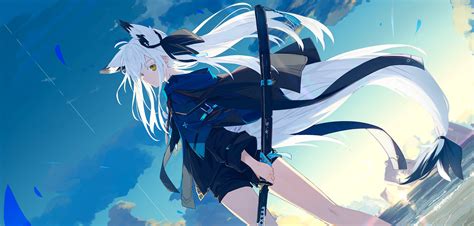 Katana Anime Girls Fox Girl Looking At Viewer White Hair Long Hair Fox