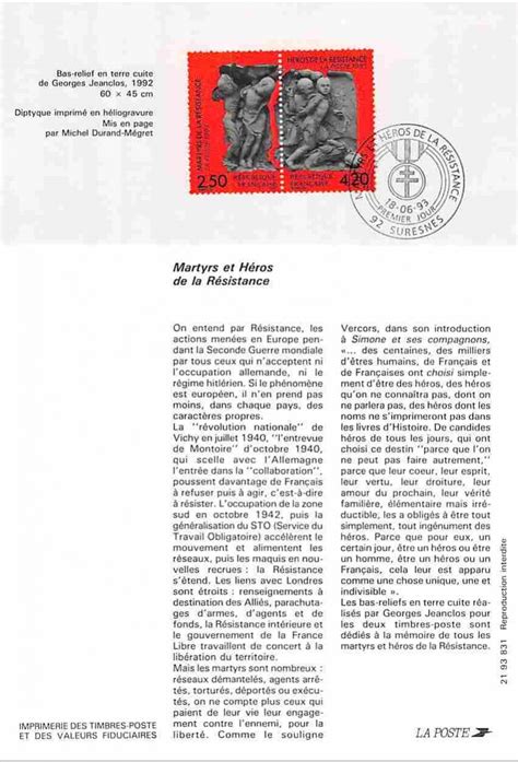 1993 Notice Philatélique Martyrs et héros de la résistance