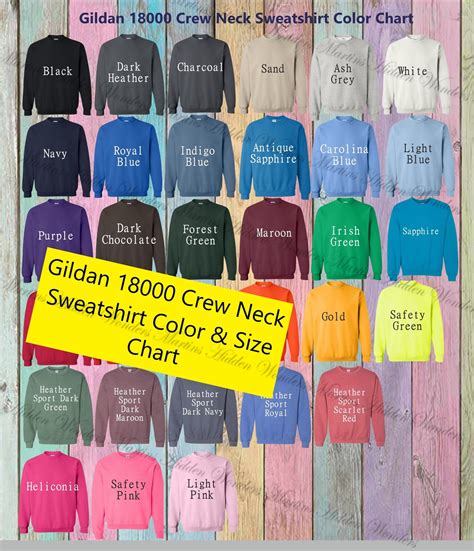 Gildan 18000 Crew Neck Sweatshirts Unisex Adult Color Chart Colour Chart And Size Chart Template