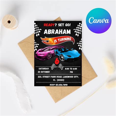 Editable Wheels Hot Cars Birthday Invitation Template Printable Canva Mobile Car Racing Wheels