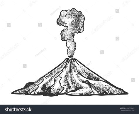 Vektor Stok Smoking Volcano Eruption Line Art Sketch Tanpa Royalti