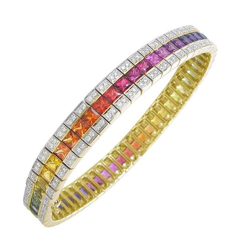 Rainbow Sapphire And Diamond Tennis Bracelet 18k Yellow Gold 14ct Tw