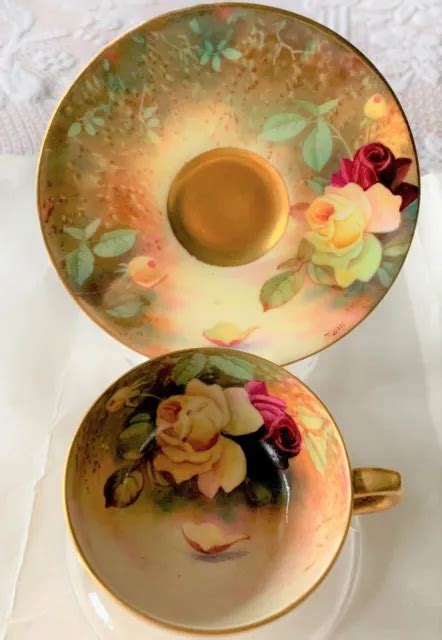 Royal Worcester Hand Painted Cup Saucer Roses Signed Twin