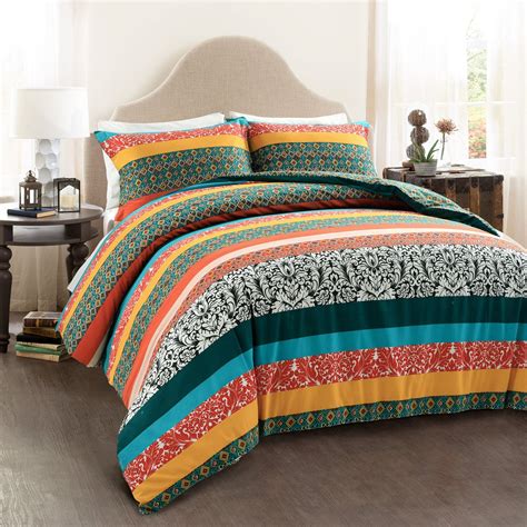 Boho Stripe Cotton Reversible Duvet Cover 3 Piece Set Lush Decor