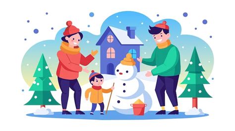 Ilustración vectorial de una familia feliz construyendo un muñeco de