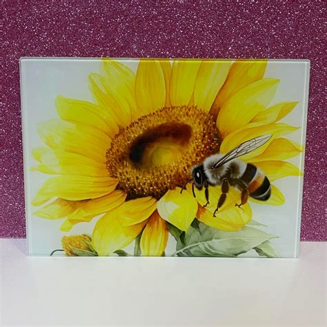 Bee And Sunflower Sublimated Glass Chopping Board Woodform Vinyl Creations