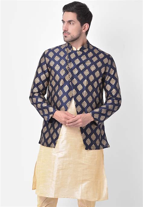 Buy Golden Printed Dupion Silk Kurta In Light Beige And Navy Blue