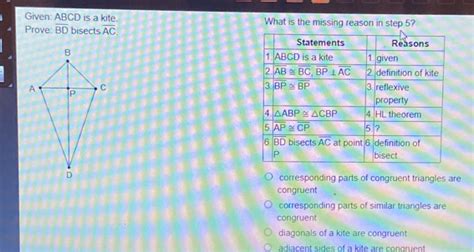 Solved Given Abcd Is A Kite What Is The Missing Reason In Step