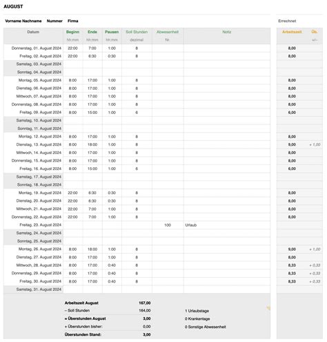 Zeiterfassung Arbeitszeit Numbersvorlagen De