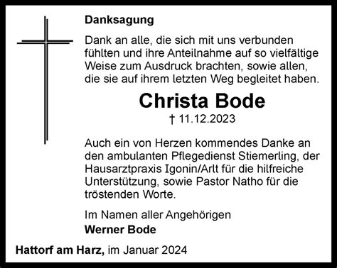 Traueranzeigen Von Christa Bode Harztrauer De