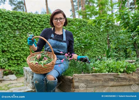 Retrato De Uma Mulher De Meia Idade Cuidando Do Leito De Flores Em Uma