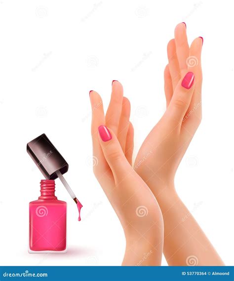 Hands With Pink Polished Nails Nail Polish Bottle Stock Vector