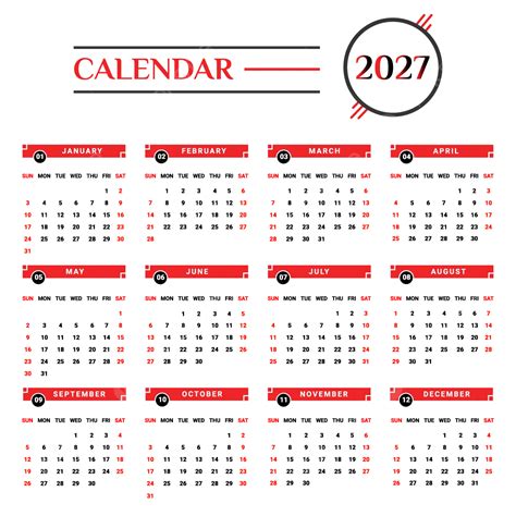 Kalender 2027 Dengan Bentuk Geometris Hitam Dan Merah Vektor Kalender