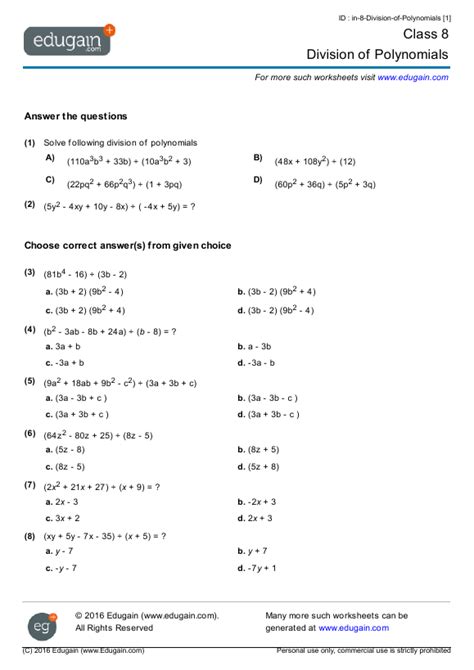 Division Of Polynomials Worksheet