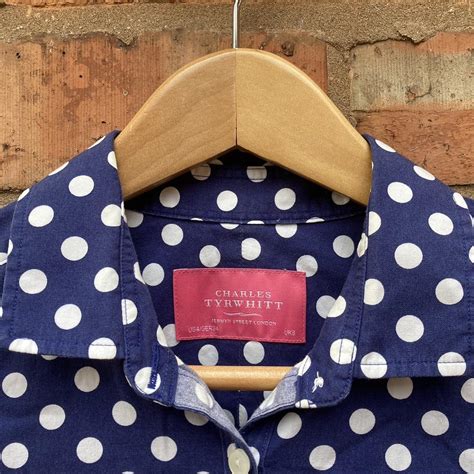 Charles Tyrwhitt Womens Blue White Polka Dot Shirt Depop