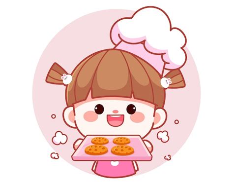 Premium Vector Happy Cute Girl Chef Holding Tray With Cookies Banner Logo Cartoon Art Illustration