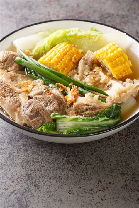 Filipino Food Beef Bulalo Or Boiled Beef Shank Soup Closeup In The Bowl