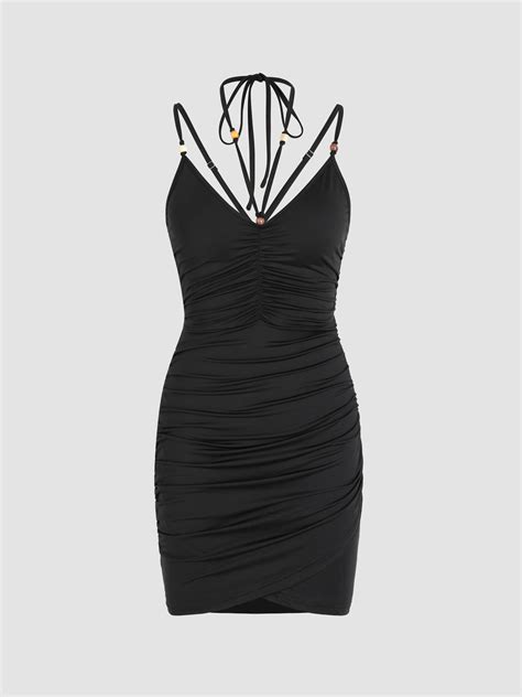 Beaded Halter Ruched Bodycon Mini Dress Cider