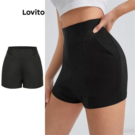 Lovito Women Casual Plain Structure Line Pocket Shorts L Ed