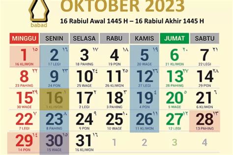 Kalender Oktober Lengkap Dengan Tanggal Merah Dan Daftar Weton