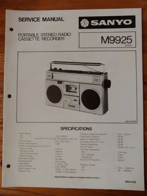 SANYO M9925 PORTABLE Stereo Radio Cassette Recorder Original Service