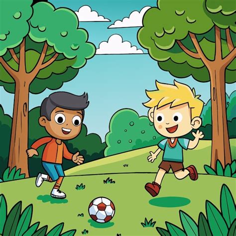 Una ilustración de dibujos animados de dos niños jugando al fútbol en